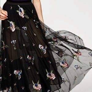 Zara Black Tulle Floral Beaded Skirt